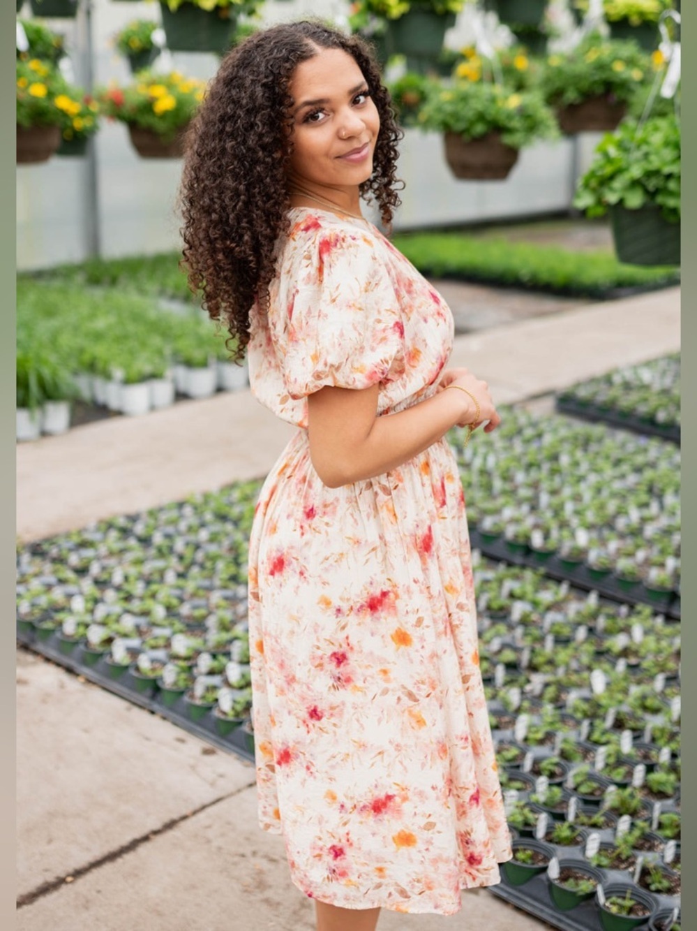 Floral Puff-Sleeve Midi Dress in Cream with Coral and Peach Accents - Modest - Picture 2 of 14
